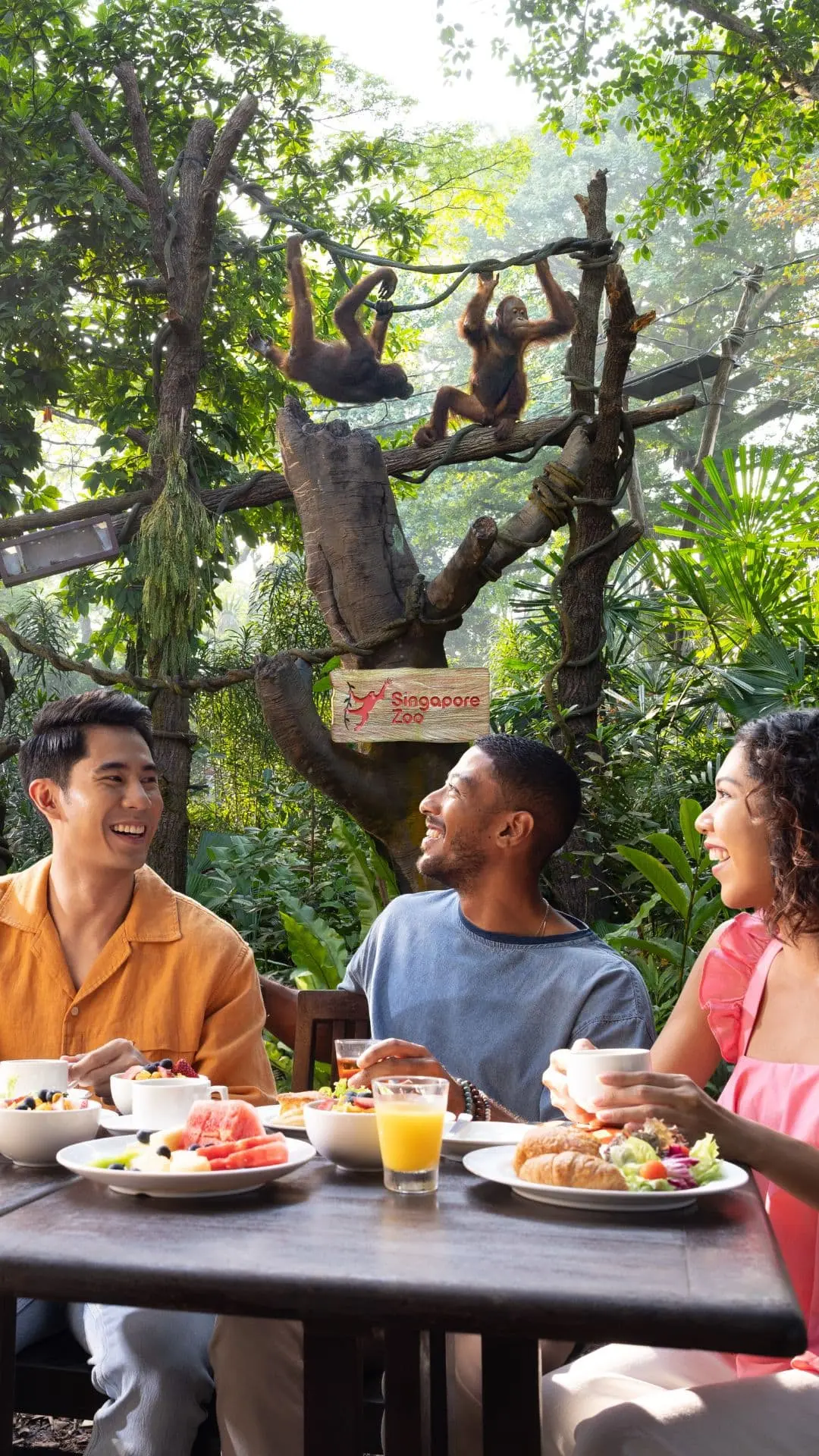 A group of friends having breakfast in Singapore Zoo